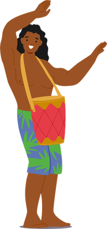 Hawaiian Male Dancer Joyfully Performs Traditional Hula Dance and playing Drum  Illustration