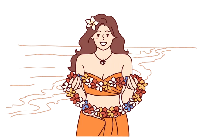 Woman From Hawaiian Beach Holds Flower Lei Garland And Says Welcome Inviting Tourists To Islands Beautiful Girl In Bikini Stands On Ocean Coast To Advertise Summer Tours To Hawaiian Resort Illustration