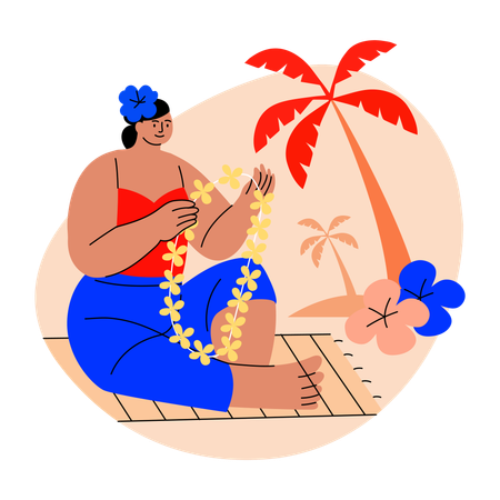 Hawaiian Woman holds flower garland  Illustration