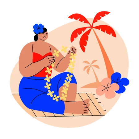 Hawaiian Woman holds flower garland  Illustration