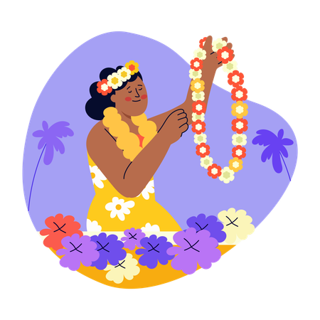 Hawaiian Woman holds flower garland  Illustration