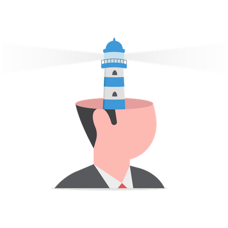 Head with light house shining bright light to see and find guidance  Illustration