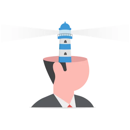 Head with light house shining bright light to see and find guidance  Illustration