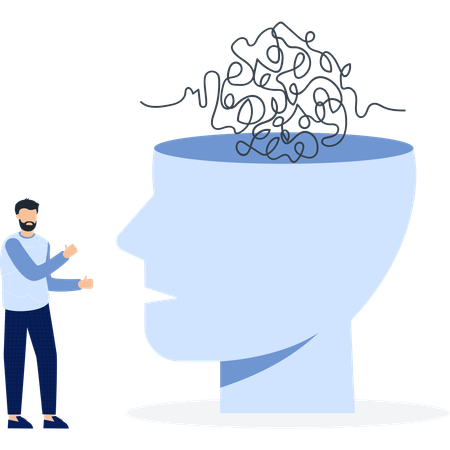 Head with tangled thoughts and a man gesturing mental health  Illustration