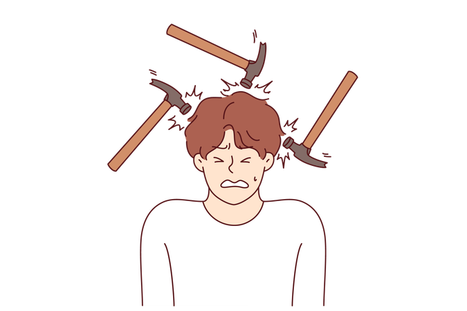 Headache and migraine torment man making painful grimace standing among hammers  Illustration