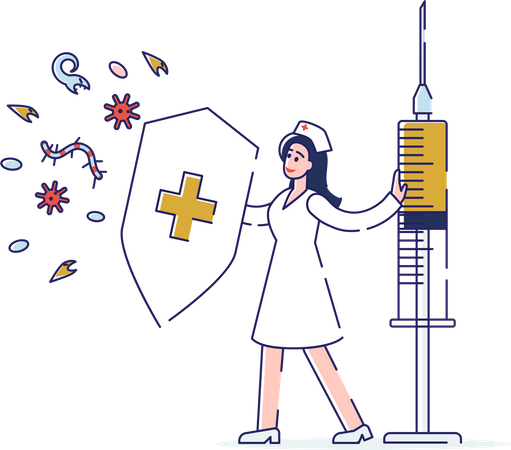 Health care worker secured with shield and vaccine  イラスト