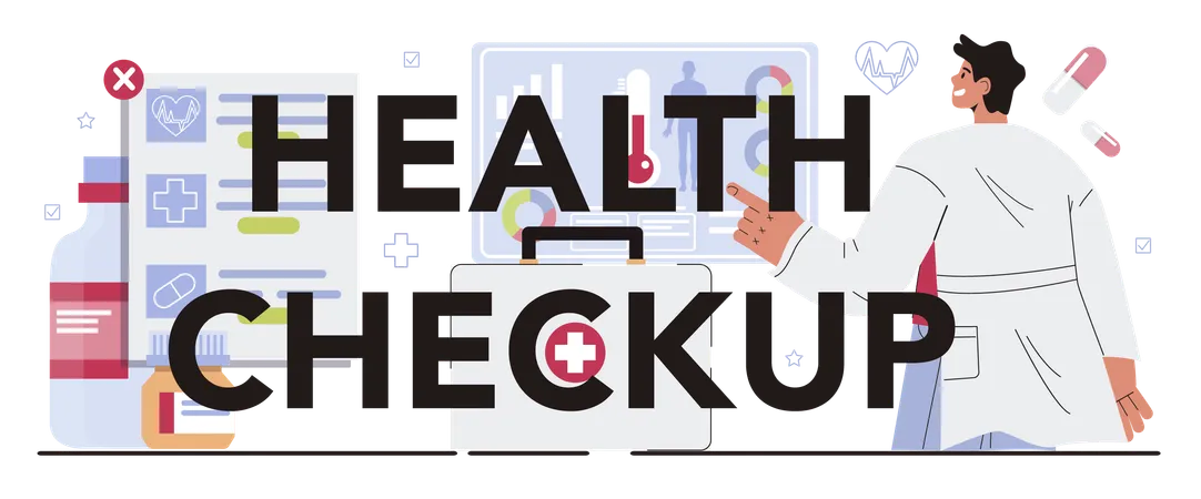 Health Check Up Typographic Header Annual Medical Exam Regular Health Check Up Preventive Medicine Research For Disease Diagnostic And Health Maintaining Flat Vector Illustration Illustration