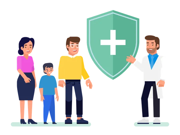 Medical Health And Life Insurance Concept Insurance Agent With Protective Shield And Smiling Family With Child Flat Vector Illustration Illustration