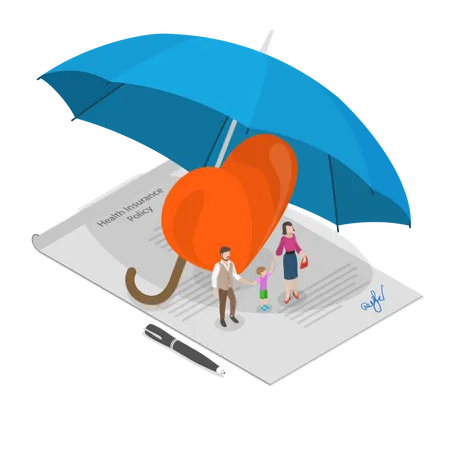 Health Insurance Flat Isometric Vector Concept People Are Standing On The Signed Health Insurance Policy Near Them Are A Big Heart Symbol And All Those Elements Are Covered By The Big Umbrella Illustration