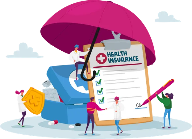 Tiny Characters Under Huge Umbrella Fill Policy Document Doctor Holding Protective Shield With Cross People Signing Health Insurance Medical Protection Life Guarantee Cartoon Vector Illustration Illustration