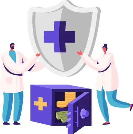 Health Insurance Concept Tiny Doctor Characters Holding Huge Shield With Cross Stand Near Safe With Money Life Protection Secure And Financial Guarantee Contract Cartoon People Vector Illustration Illustration