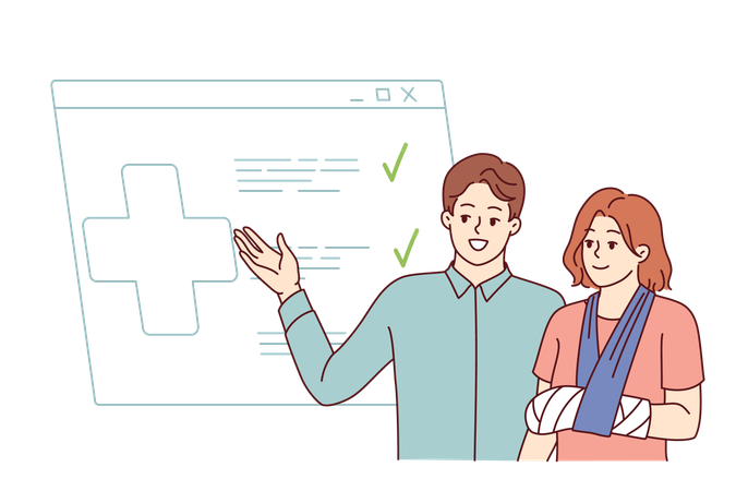 Health insurance agent stands near injured woman displaying compensation approval spreadsheet  Illustration