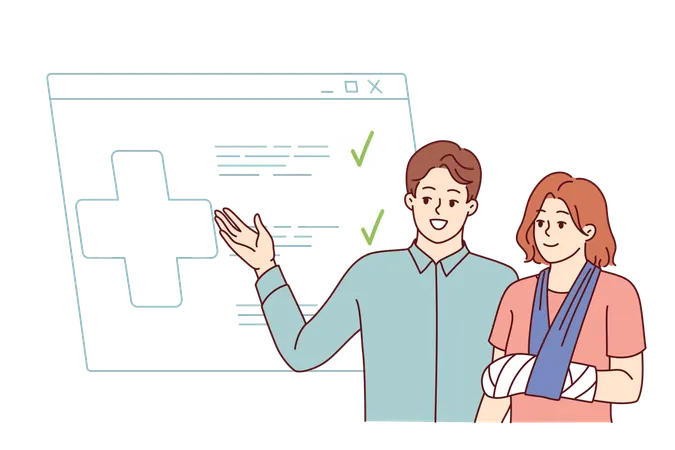 Health insurance agent stands near injured woman displaying compensation approval spreadsheet  Illustration