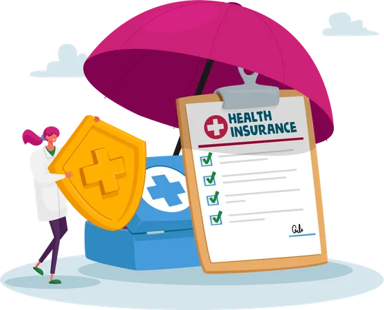 Health Insurance Concept Tiny Doctor Character Holding Huge Golden Shield With Cross Stand Under Umbrella Life Protection Secure And Financial Guarantee Contract Cartoon Vector Illustration 일러스트레이션