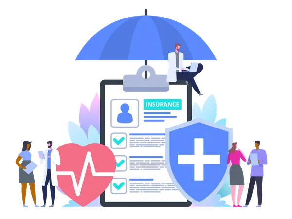 Health Insurance Protection Care Medical With Decorated Small People Character Filling Medical Documents Healthcare Concept Vector Illustration Flat Design Style 일러스트레이션