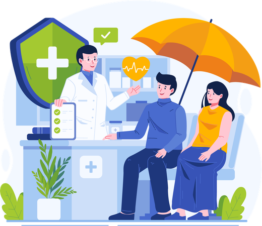 Health Male Doctor Explains Insurance Coverage to a Young Patient Couple  イラスト