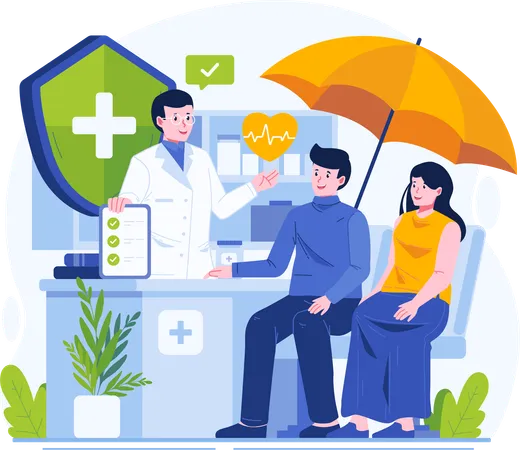 Health Insurance Concept Illustration A Male Doctor Explains Insurance Coverage To A Young Patient Couple イラスト