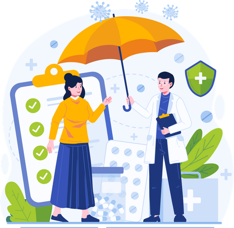 Health Medical and Life Male Doctor Holding an Umbrella Protects a Female Patient  Illustration