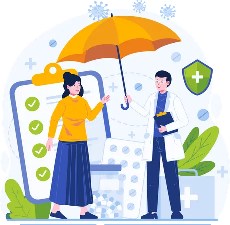Health Medical And Life Insurance Concept Illustration A Male Doctor Holding An Umbrella Protects A Female Patient イラスト