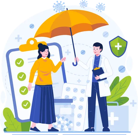 Health Medical and Life Male Doctor Holding an Umbrella Protects a Female Patient  Illustration