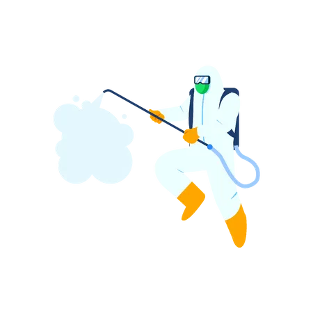 Character Set Of Health Officer Spraying Disinfectant To Sterilize Environment From Flu Virus Illustration