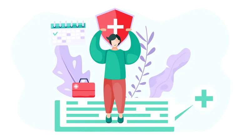 Health Protection Concept A Man Patient Holding A Red Shield With A Medical Cross Over His Head Healthcare Insurance Finance And Medical Service Isolated Vector Illustration In Cartoon Style Illustration