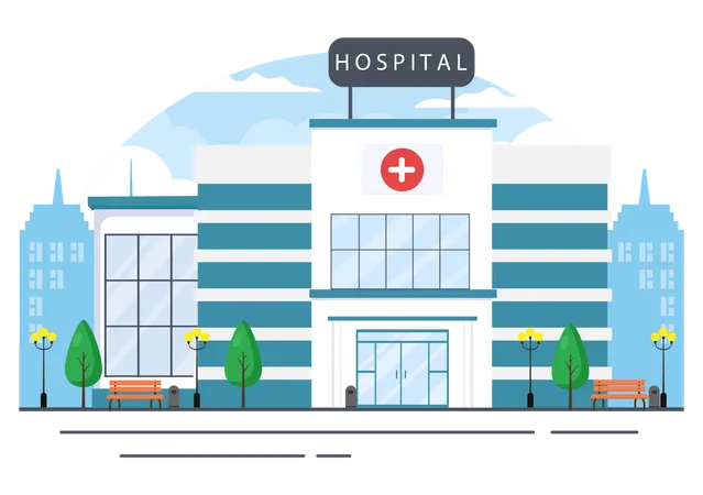 Hospital Building For Healthcare Background Vector Illustration With Ambulance Car Doctor Patient Nurses And Medical Clinic Exterior Illustration