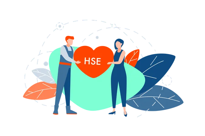 Healthcare Safety Environment Concept Young Couple Man And Woman Are Holding Big Heart Together With Hse Letters On It Health Protection And Enviromental Care Lifestyle Illustration Flat Vector Illustration