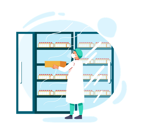 Healthcare worker putting vaccine in deep freezer  Illustration