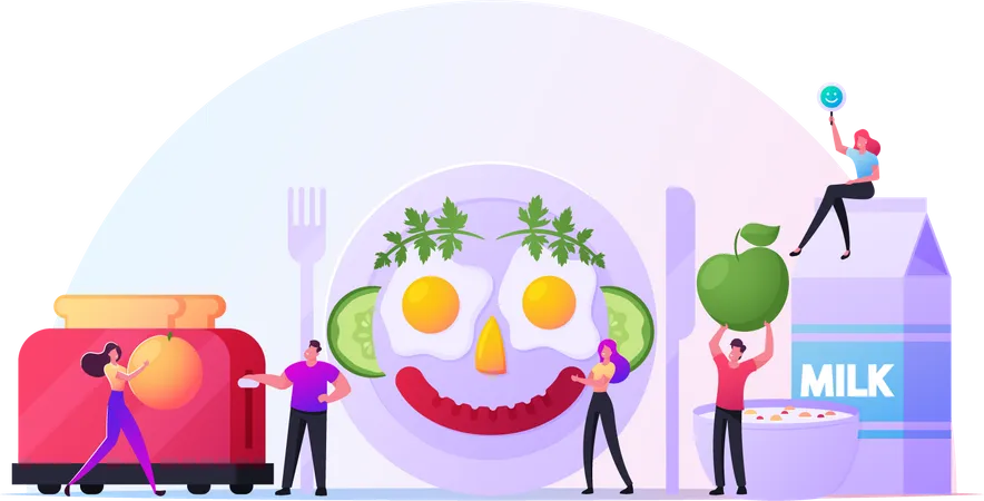 Fun Breakfast Concept Male And Female Characters Cooking Funny Meal Look Like Smiling Human Face Made Of Fried Eggs Sausage And Vegetable On Plate Tiny People Cook Food Cartoon Vector Illustration イラスト