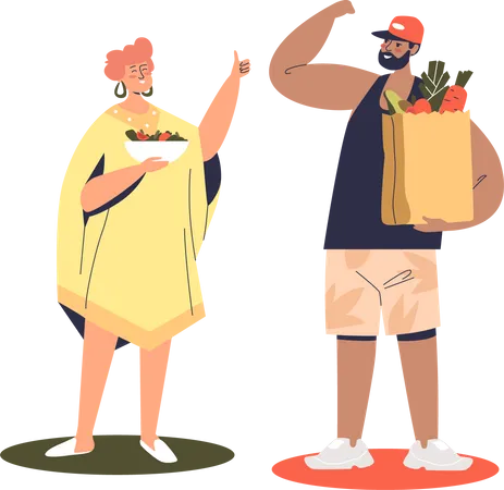 Healthy eating couple holding bags of fresh organic vegetables and fruits Illustration