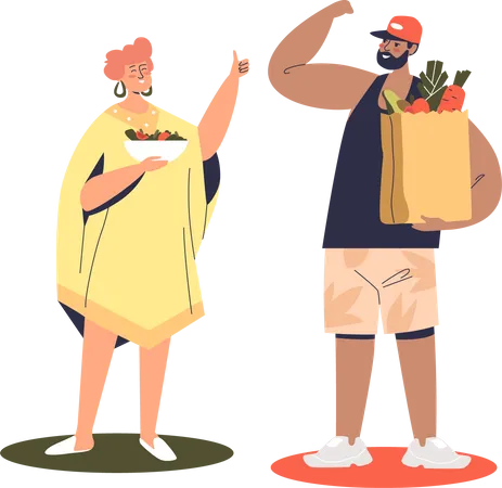 Healthy eating couple holding bags of fresh organic vegetables and fruits  Illustration