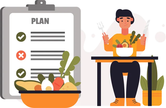 This Illustration Showcases A Mans Healthy Eating Plan Which Is An Essential Component Of A Healthy Lifestyle Perfect For Web Design Posters And Campaigns Promoting Healthy Living This User Friendly And Fully Editable Illustration Serves As A Valuable Resource For Promoting A Healthier Lifestyle And Advocating For A Better Quality Of Life Illustration