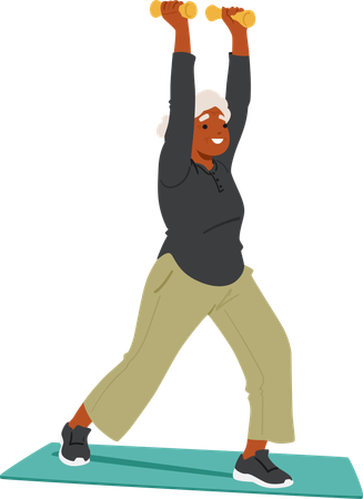 Healthy Elderly Woman In Sportswear Lifting Dumbbells On Yoga Mat  Illustration