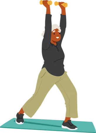 Healthy Elderly Woman In Sportswear Lifting Dumbbells On Yoga Mat  Illustration