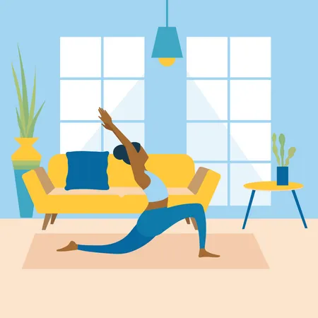 Healthy Young Woman Practicing Yoga In Living Room Relaxing Weekend At Home Vector Illustration Workout Exercise Fitness Indoor Meditation Lifestyle Stay At Home Concept Illustration