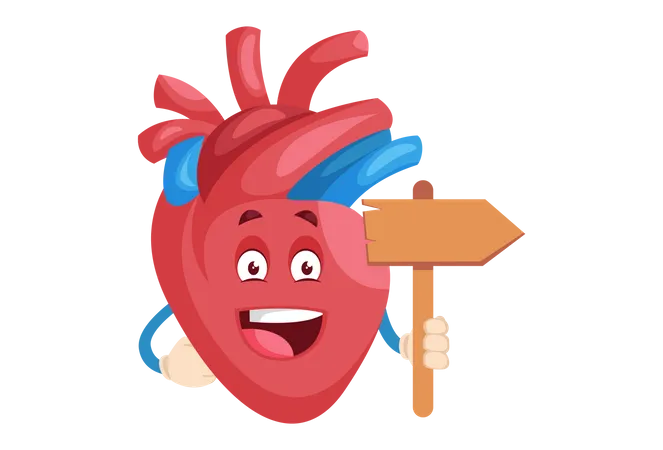 Heart character is holding a wooden board in hand Illustration