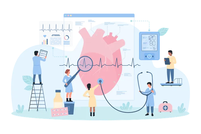 Heart Health Checkup In Hospital Cardiology Vector Illustration Cartoon Tiny People Holding Big Stethoscope And Magnifying Glass To Check Heartbeat Monitor Blood Pressure On Electric Device Illustration