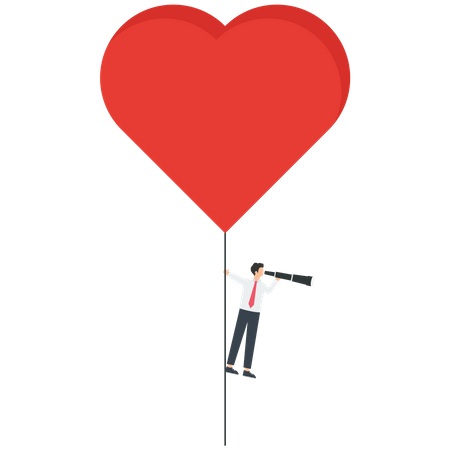 Heart-shaped balloon pulls businessman to search in mid air  Illustration