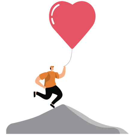 Heart-shaped balloon pulls businessman to search in mid air  Illustration