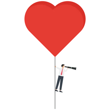 Heart-shaped balloon pulls businessman to search in mid air  Illustration