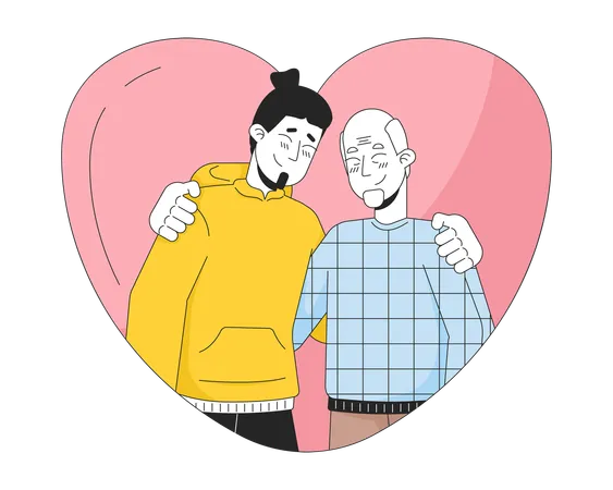Heart Shaped Hug Father Son Older 2 D Linear Cartoon Characters Heartshaped Embrace Senior Dad Caucasian Isolated Line Vector People White Background Loved Relationships Color Flat Spot Illustration Illustration