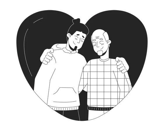 Heart Shaped Hug Father Son Older Black And White 2 D Line Cartoon Characters Heartshaped Embrace Senior Dad Isolated Vector Outline People Loved Relationships Monochromatic Flat Spot Illustration Illustration