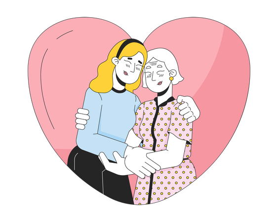 Heart-shaped older mother daughter hug  Illustration