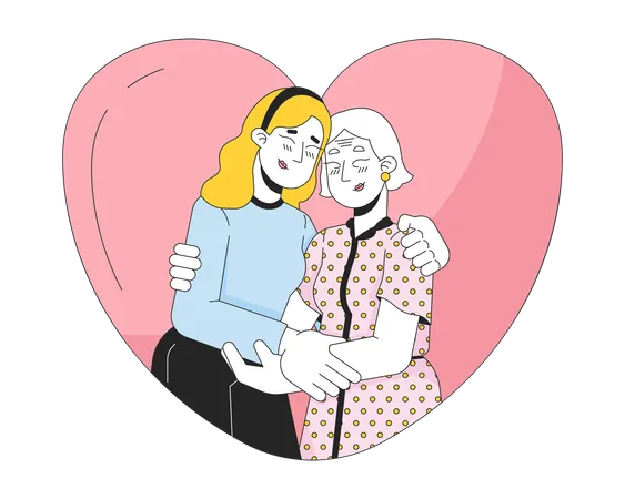 Heart Shaped Older Mother Daughter Hug 2 D Linear Cartoon Characters Heartshaped Senior Mom Embrace Isolated Line Vector People White Background Loved Relationships Color Flat Spot Illustration Illustration