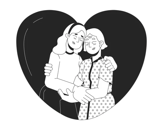 Heart Shaped Older Mother Daughter Hug Black And White 2 D Line Cartoon Characters Heartshaped Senior Mom Embrace Isolated Vector Outline People Loved Relations Monochromatic Flat Spot Illustration Illustration