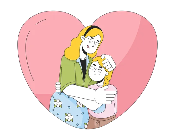 Heart Shaped Young Daughter Mother Hug 2 D Linear Cartoon Characters Heartshaped Mom And Child Caucasian Isolated Line Vector People White Background Loved Relationships Color Flat Spot Illustration Illustration