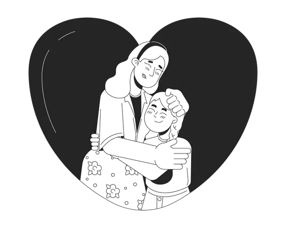 Heart Shaped Young Daughter Mother Hug Black And White 2 D Line Cartoon Characters Heartshaped Mom And Child Caucasian Isolated Vector Outline People Caring Monochromatic Flat Spot Illustration Illustration