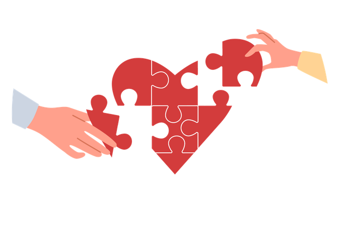 Heart symbolizing charity and mercy consists of puzzles carefully assembled by hands of people  Illustration