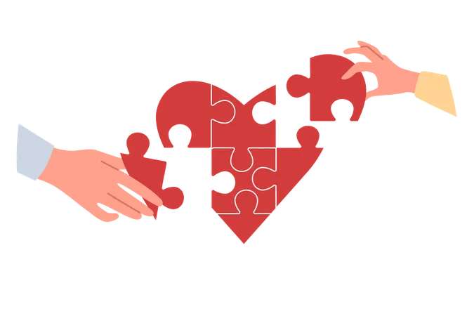 Heart symbolizing charity and mercy consists of puzzles carefully assembled by hands of people  Illustration